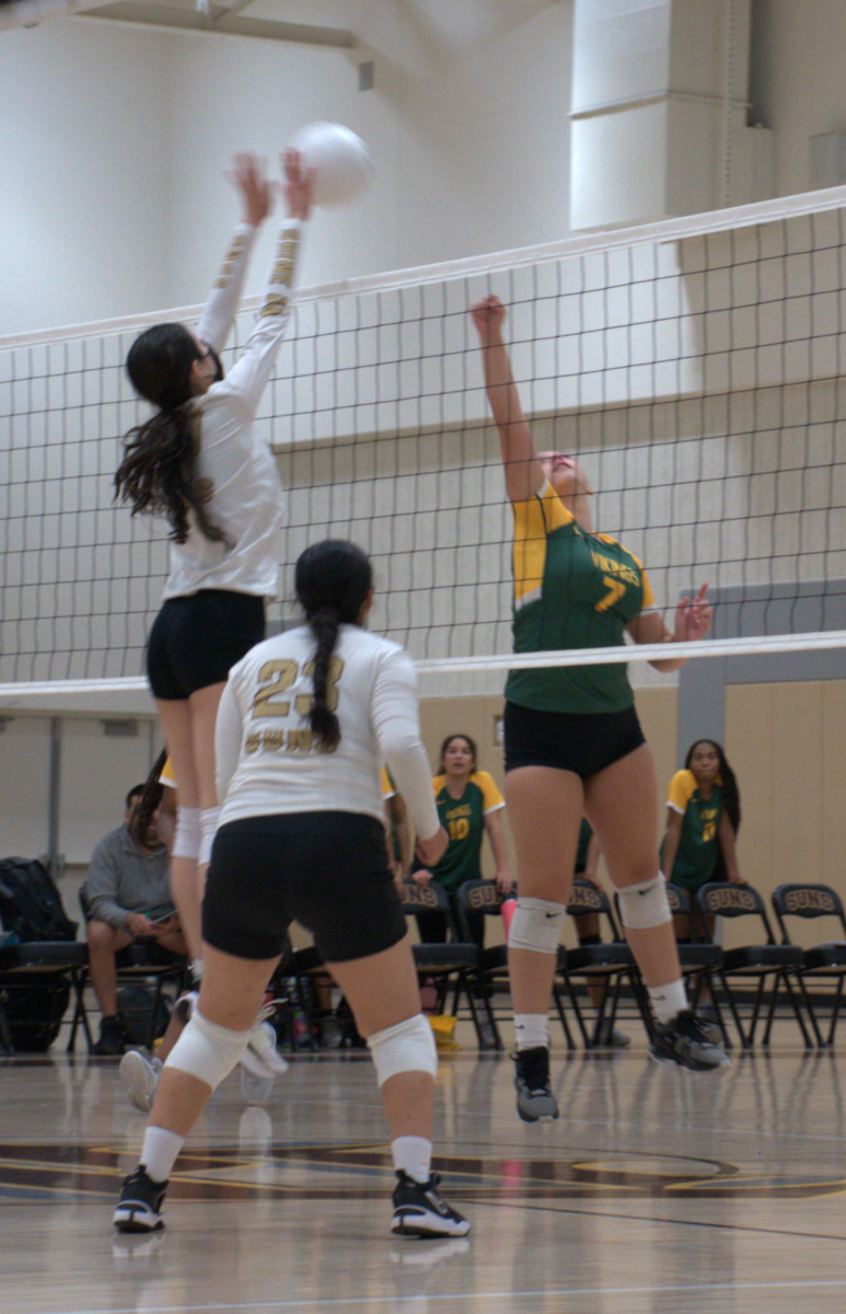 Del Oro middle blocker Marisol Ponce (left) blocks a shot from a West High player during Tuesday's match at home against the Vikings.