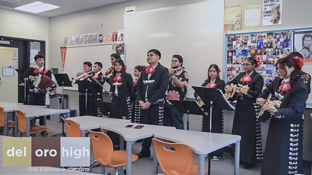 Del Oro's Mariachi group, Rayos de Oro, performed in Room 603 as part of the initial Rising Suns Weekly Tiny Classroom Concert series.