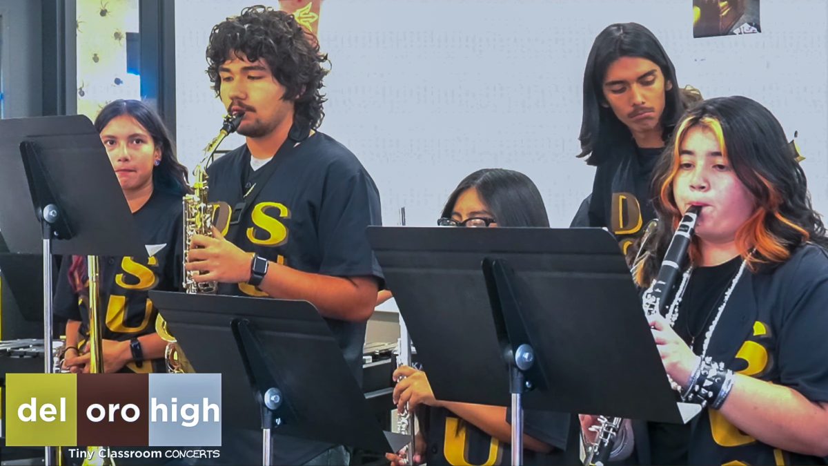 For the second Tiny Classroom Concert, the Del Oro Jazz band performed a pair of Duke Ellington tunes in Room 603.