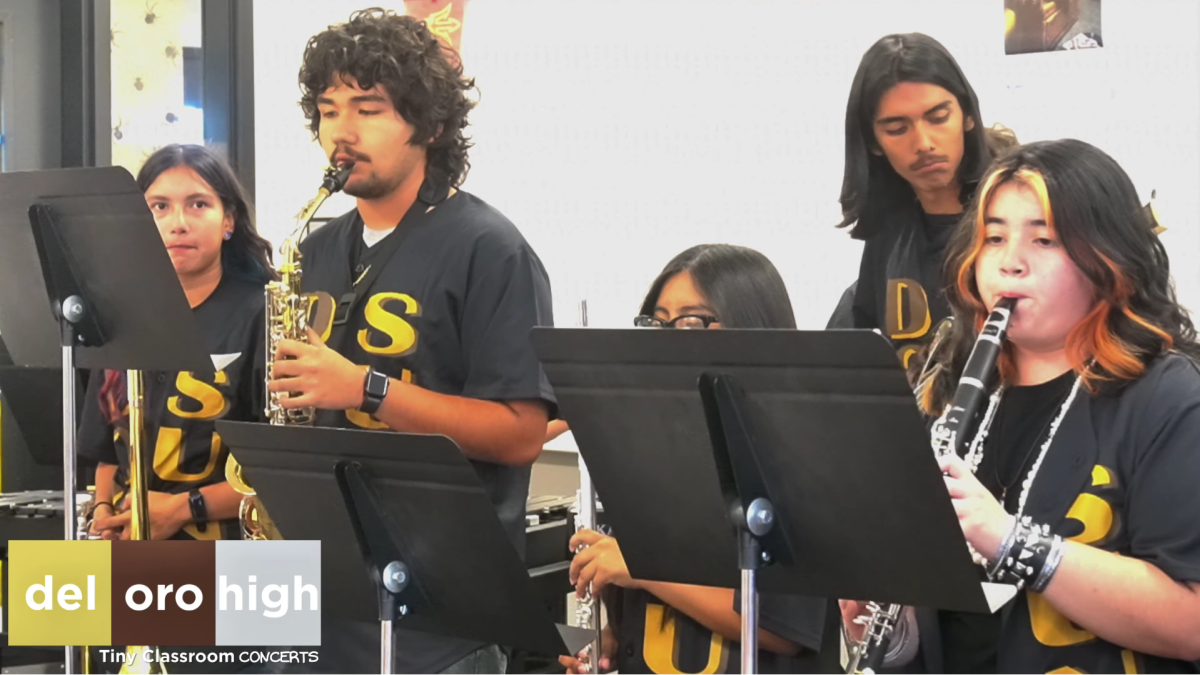 For the second Tiny Classroom Concert, the Del Oro Jazz band performed a pair of Duke Ellington tunes in Room 603.
