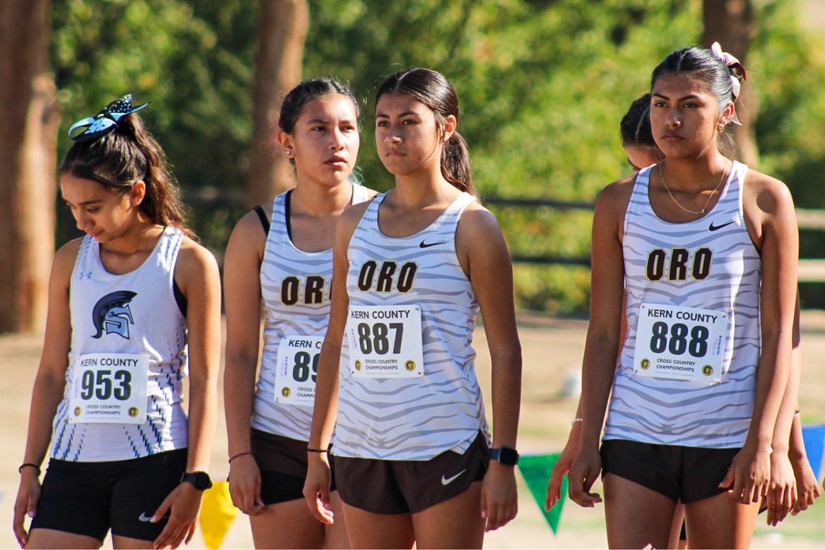 Senior Sonia Alba (center), captured third place at the South Yosemite Horizon League championships. Alba is shown with teammates Valerie Vargas (left) and Leslie Moreno at last week's Kern County Championships at Hart Memorial Park.